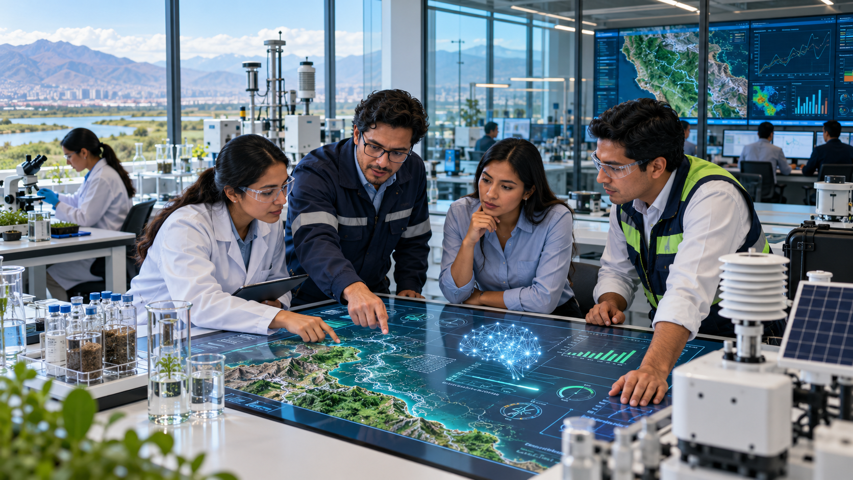 Equipo de ingeniería ambiental aplicando innovación e inteligencia artificial